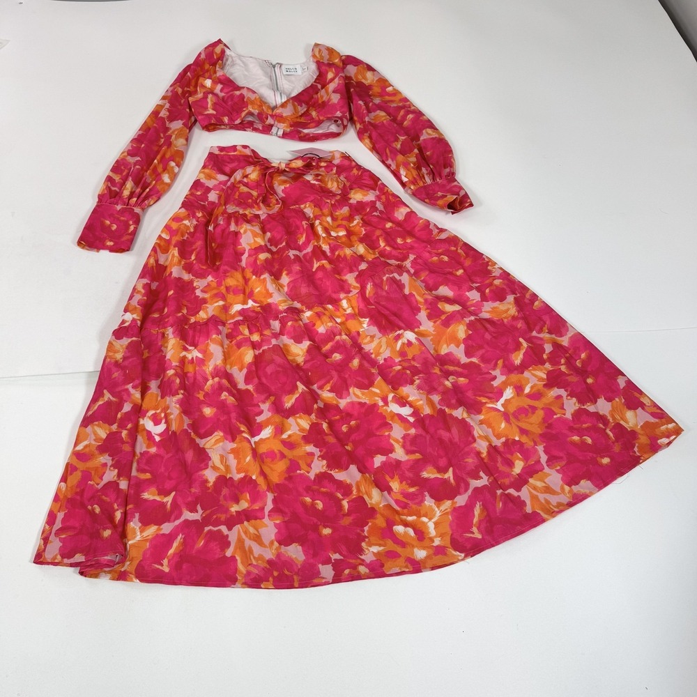 Hello Molly Two Piece Skirt Set Womens US 6 Pink Orange Floral‎ Crop Top NWT